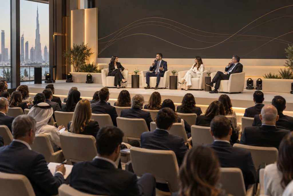 Panel discussion in front of a seated conference audience