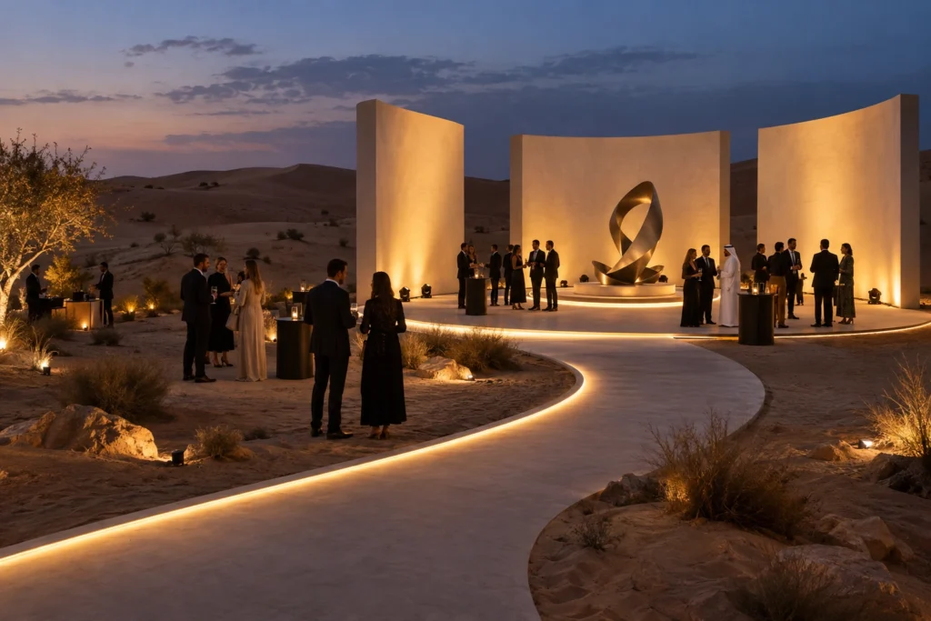 Outdoor event installation illuminated at dusk
