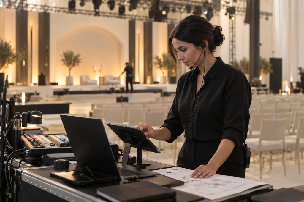 Event coordinator preparing a venue with a laptop and tablet