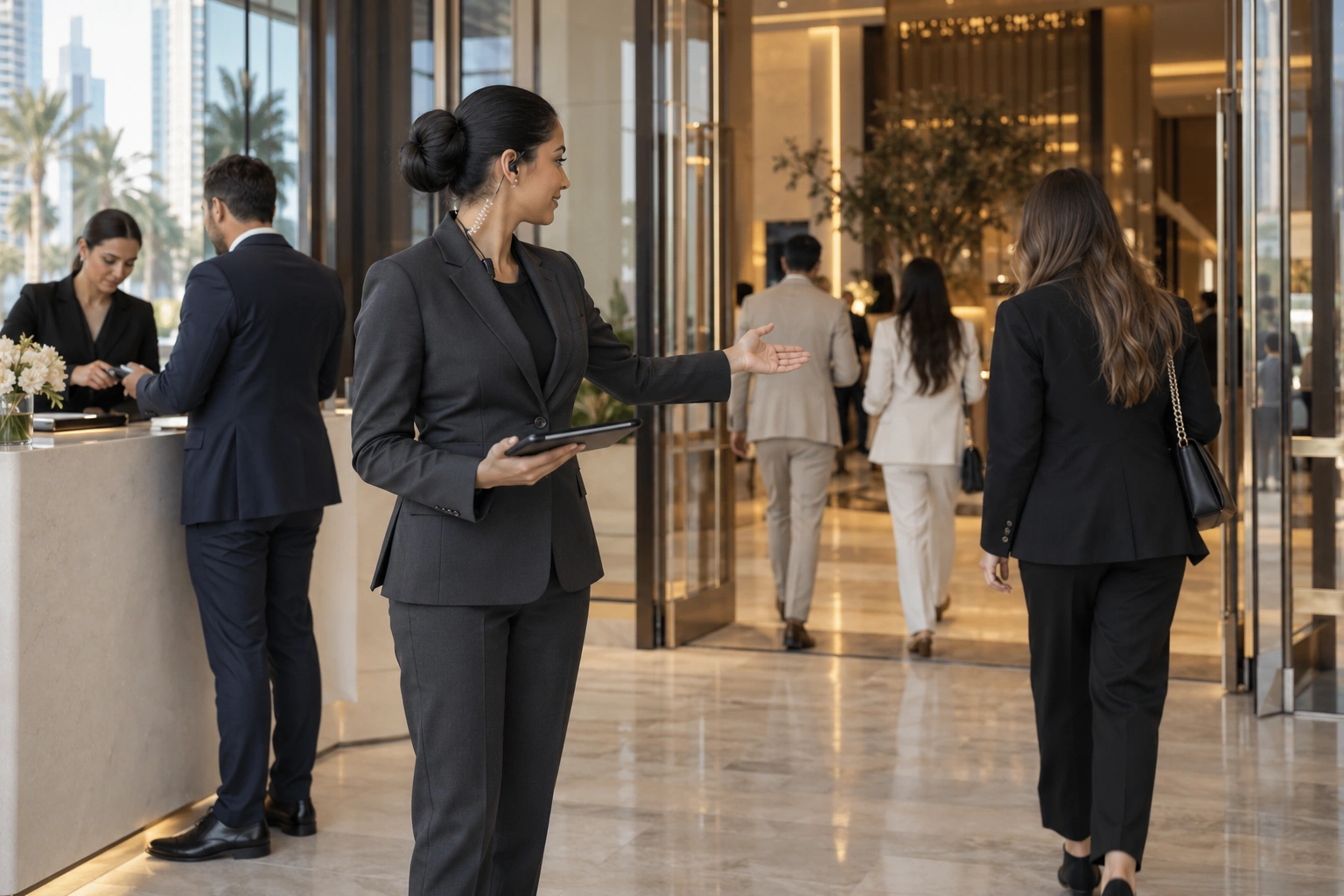 Event coordinator welcoming guests at a venue