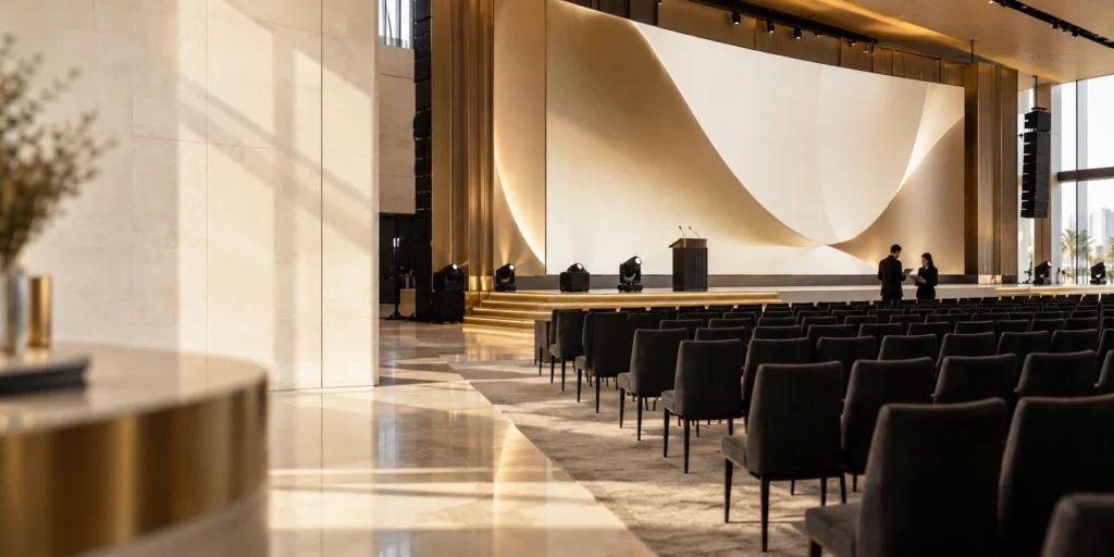 Conference stage and rows of audience seating