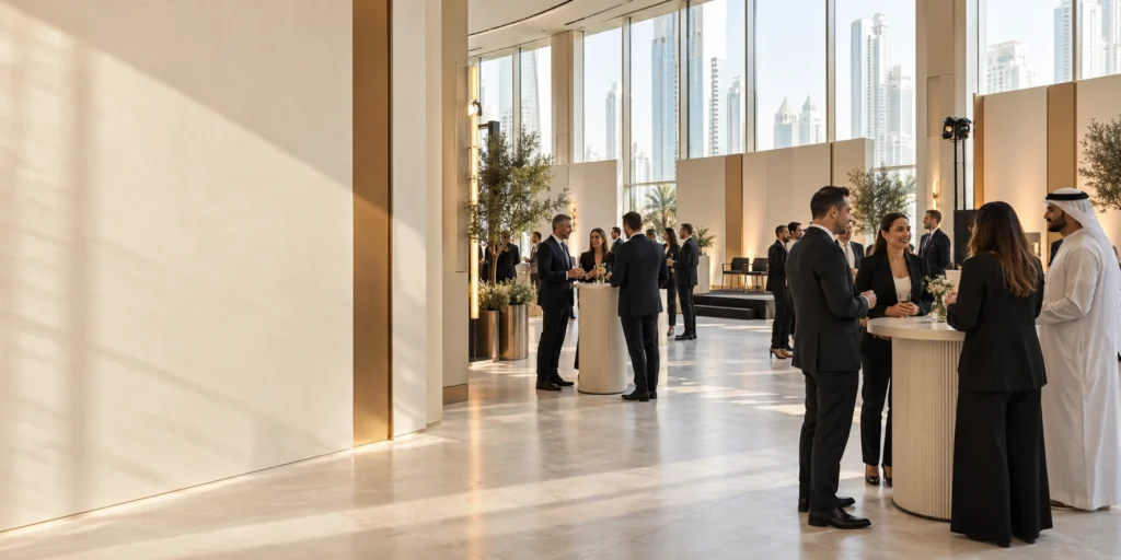Guests networking in a bright event venue