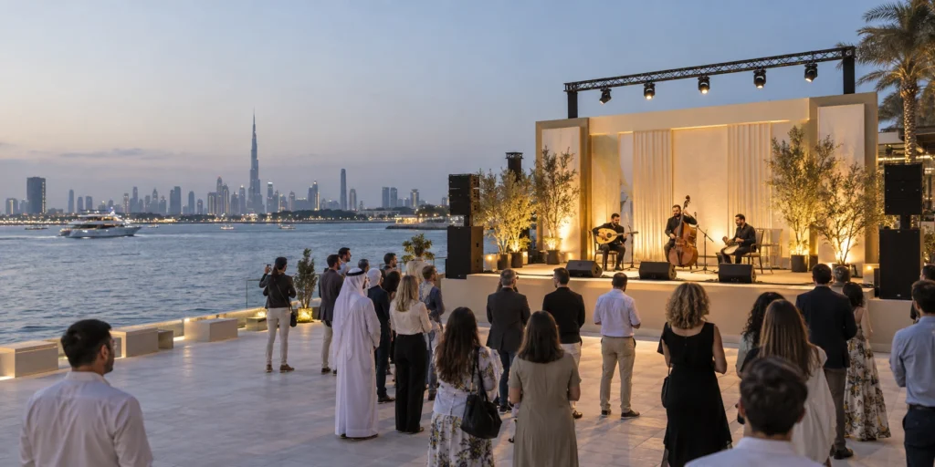 Live band performing at a waterfront event
